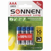 Батарейки SONNEN Alkaline, AAA (LR03, 24А), алкалиновые, мизинчиков., КОМПЛЕКТ 4 шт., в блистере