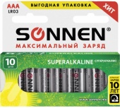 Батарейки SONNEN Alkaline, AAA (LR03, 24А), алкалиновые, мизинч.,КОМПЛЕКТ 10 шт., в коробке